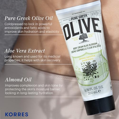 KORRES Olive Body Lotion for Dry Skin Moisturizer Cream with Vitamin E, Aloe and Pure Greek Olive Oil for Body Care, Hydrating & Nourishing for Smooth, Supple Skin, Olive Blossom Scented, 6.76 fl oz