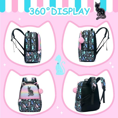 Image of Cute Cat School Backpacks for Girls Backpacks for School Black Bookbag with Lunch Box for Elementary Students Ages 6-8 Years Old