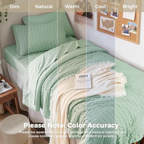 Image of HYMOKEGE Sage Green Twin XL Comforter Set Seersucker 5 Pieces, All Season Luxury Bed in a Bag for Bedroom, Bedding Set with Comforter, Sheets, Pillowcase & Sham