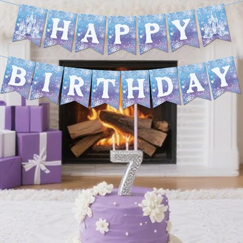 Image of Frozen Happy Birthday Banner - Winter Snowflake Garland Bunting for Winter Wonderland Birthday Christmas Party Decoration Supplies Girls Princess