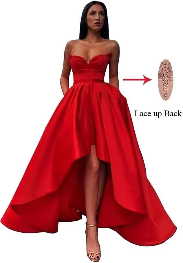 A Line High Low Satin Formal Dress for Women, Strapless Cocktail Party Dress Prom Evening Ball Gown with Pockets - Image 2