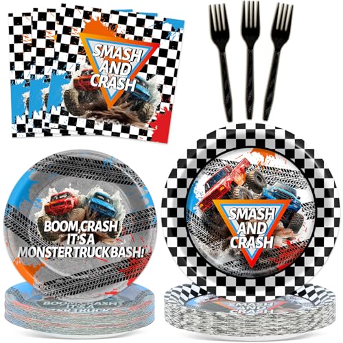 96Pcs Monster Truck Party Plates and Napkins for Monster Truck Birthday Party Supplies Paper Dessert Plates Tableware Set for Kids Boys 24 Guests Birthday Decorations