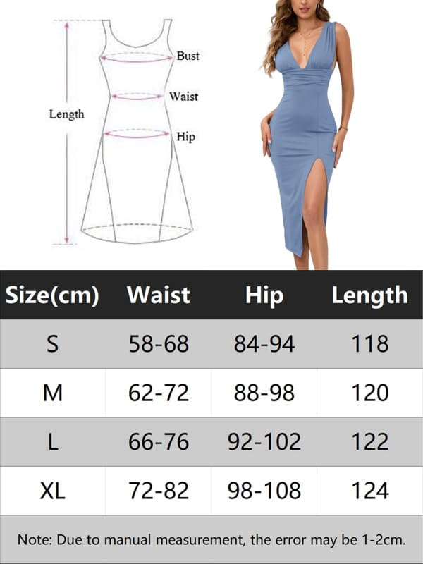 Vestido Mujer Sexy sin Mangas Cuello en V Profunda Vestidos Largo Ajustado Elegante Midi Vestido con Abertura Verano Slim Fit Vestidos Fruncido de Fiesta Cóctel Invitada Boda Casual Clubwear