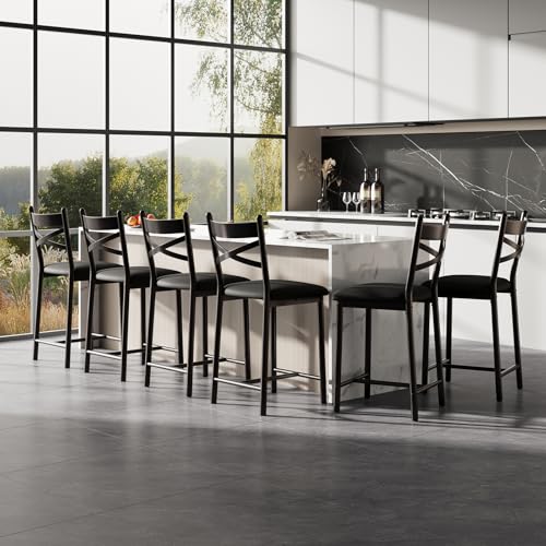 Butacos GarveeHome de 26 pulgadas, juego de 6 unidades, con respaldo, soportan hasta 300 libras | Butacos negros con asiento acolchado y cojín grueso tapizado, sillas para isla de cocina, bar o comedor miniatura 1