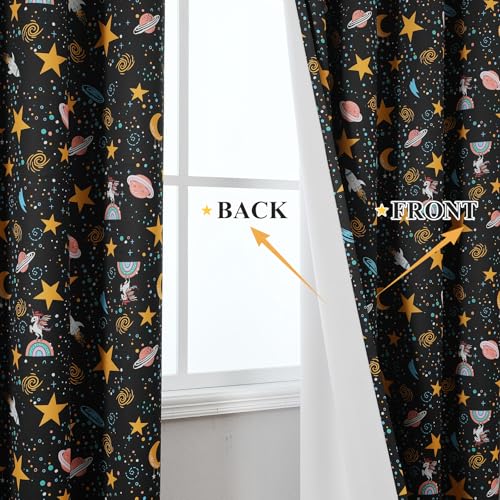 Image of Star Moon Black Out Curtains 90 Inch Long for Kids Bedroom /Nursery,52Wx90L | Estelar Textiler Grommet Thermal Insulated Room Darkening Drapes,Unicorn Planet Window Curtains for Boys Room,Pack of 2