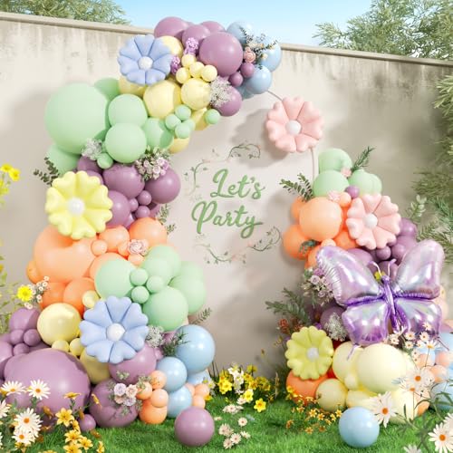 143pcs Wildflower Balloon Arch Kit with Pastel Floral Flower Butterfly Balloons for Wildflower Fairy Tea Baby in Bloom Baby Shower Birthday Party Decorations