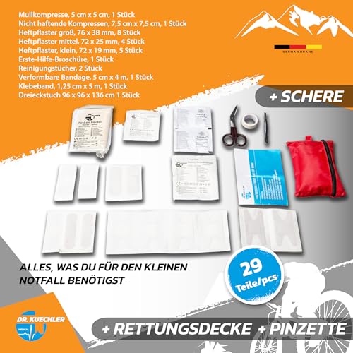 Dr. Küchler Medical Erste-Hilfe-Set Mini - Ultrakompaktes First Aid Kit (14×9×4 cm) für Outdoor, Wandern, Fahrrad & Reise - 29 Teile mit Pflastern, Wundauflagen & Schere, Color First AID KITS:rot