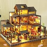 KOOMEKI Miniature Dollhouse DIY Set with Decoration Furniture and LED Lights, 1:24 Scale DIY Wooden Dollhouse Kit with English Instructions, Birthday Gift or Party Favors (Japanese Courtyard Style)