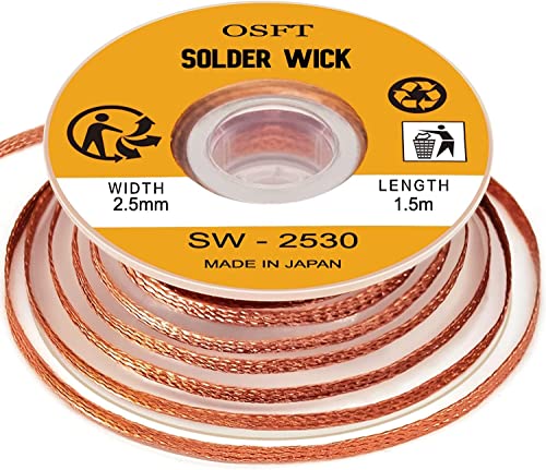 Image of OSFT Solder Wick Braid Copper Wire with Flux 1.5m Length X 1.5mm Width I Desoldering Wire I Solder Sucker I Solder Remover I Soldering Iron I Solder Braid for Circuit Board (2.5mm x 1.5m, 2)