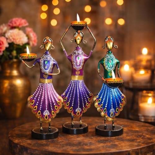 Image of CraftVatika Home Decoration Items for Living Room, Aesthetic Home Decor, Rajasthani Lady Tealight Candle Holder Showpiece for Living Room Tabletop Housewarming Wedding for Man Women