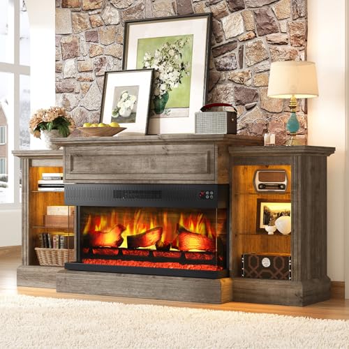 70 Fireplace TV Stand with 36 3 Sided Glass Electric Fireplace Farmhouse Media Entertainment Center with LED Light Hiden Flip up Door TV Console Storage Cabinet for TVs up to 80 Grey