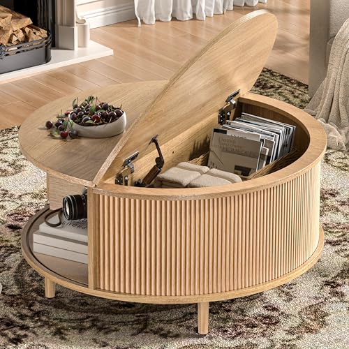 Image of Round Coffee Table, 31.5 inch Fluted Center Table with Storage, Lift-Top Coffee Table with Adjustable Footpads, Sliding Door, Mid-Century Modern Center Table for Living Room, Small Space (Nature)