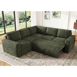 HONBAY Corduroy L Shaped Sectional Sleeper Sofa with Pull Out Bed,Green