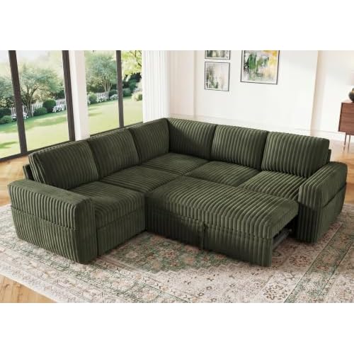HONBAY Corduroy L Shaped Sectional Sleeper Sofa with Pull Out Bed,Green