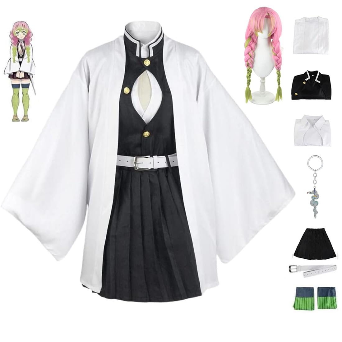 WODEJIAOBAO 9 piezas de anime Kanroji Mitsuri Cosplay traje de cosplay Demon Slayer Kamado peluca tocado conjunto completo de fiesta de Halloween uniforme de vestir para mujeres y niñas - Chica