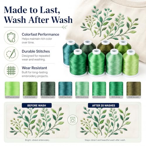 Image of Simthread 8 Shades 550Yds Each 40WT Polyester Embroidery Thread Green Set | 8 green shades with 550Yds each feed smoothly using stable 40WT polyester thread for home and commercial embroidery machines.