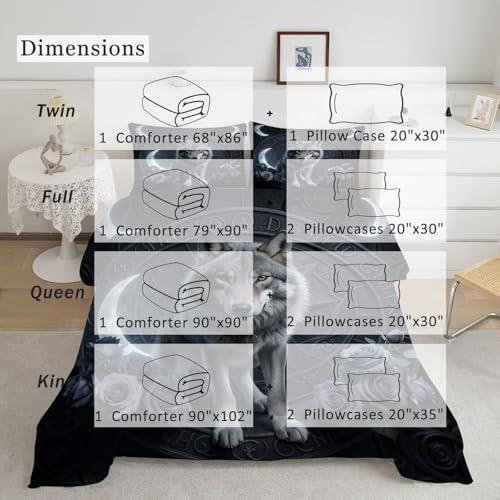 Image of Gothic Wolf Moon Comforter Set Queen Size Dark Fantasy Wolf Rose Bedding Sets for Kids Teens Boys Girls Bedroom Mystic Witchy Decor Quilt 1 Comforter 2 Pillowcases