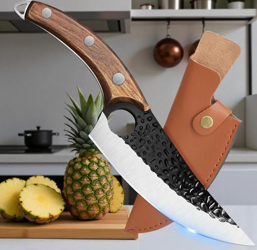 Image of Professional Japanese Chef Knife with Hammered Damascus Steel Blade, Wooden Handle, Premium Kitchen Cutlery, Leather Sheath Included (Wooden Handle)