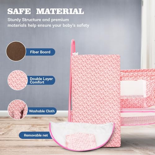 Image of BAYBEE Clora Baby Cradle and Swing with Mosquito Net | Jhula Palna for Newborns | 360 Rotating Lockable Wheels & Storage Basket | Pink