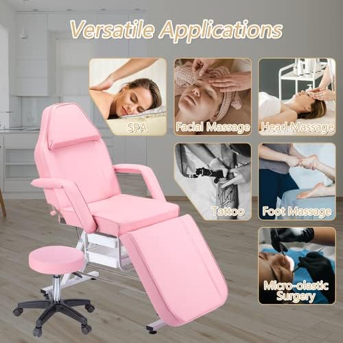 Miniatura 2 de Silla eléctrica de tatuaje de salón con 2 bandejas, cama esteticista de altura ajustable con taburete hidráulico, mesa de cama facial multiusos de 3