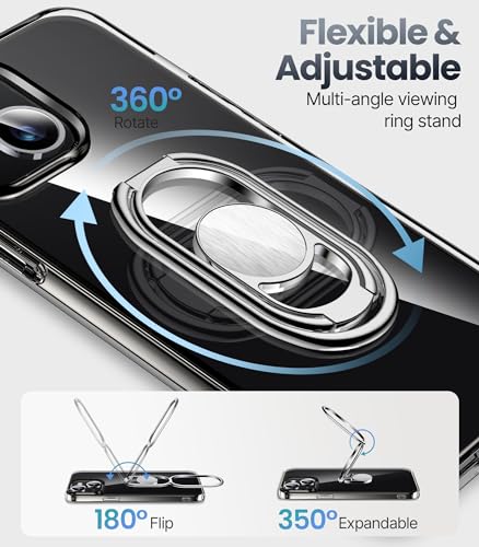 Image of SHIELDS UP for iPhone 14 Back Cover Case with Stand, Phone Case Clear with Double Ring Holder [Adjustable & Foldable] Shockproof Protective Cover for iPhone 14 6.1 inch - Clear | Double Ring Holder, Adjustable & Foldable, Shockproof Protective Cover, 360 Rotation Kickstand, Hands-Free Viewing