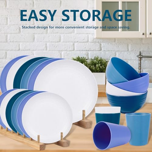 Image of Rubtlamp 16pcs Wheat Straw Dinnerware Set, Unbreakable Plates And Bowls Sets of 4, Plastic Plates Set Reusable (Cold Four Colors) for Camping