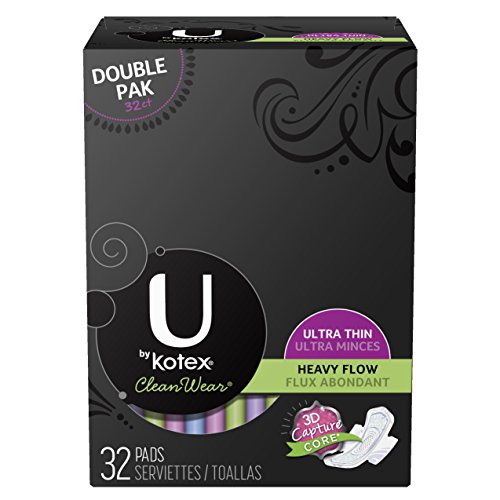U by Kotex CleanWear Ultra Thin Heavy Flow Pads with Wings, Unscented, 32 Count