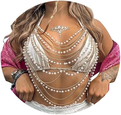 White Pearl Tassel Chest Chain for Women Summer Multi-layered Harness Beaded Bra Chain Festival Rave Pearl Hang Neck Lingerie Chain Body Jewelry