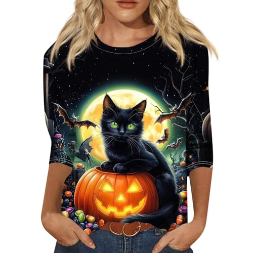 Cute Funny Halloween Shirts for Women Plus Size 3/4 Length Long Sleeve Womens Tops Witch Gothic Renaissance Shirt