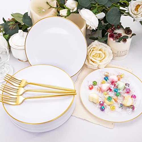 Rubtlamp 200Pcs Gold Plastic Dessert Plates,White Appetizer Plates With Gold Disposable Forks,Gold Small Dessert Plates,Party Cake Plates Include 7.5 Inch Salad Plates thumb #4