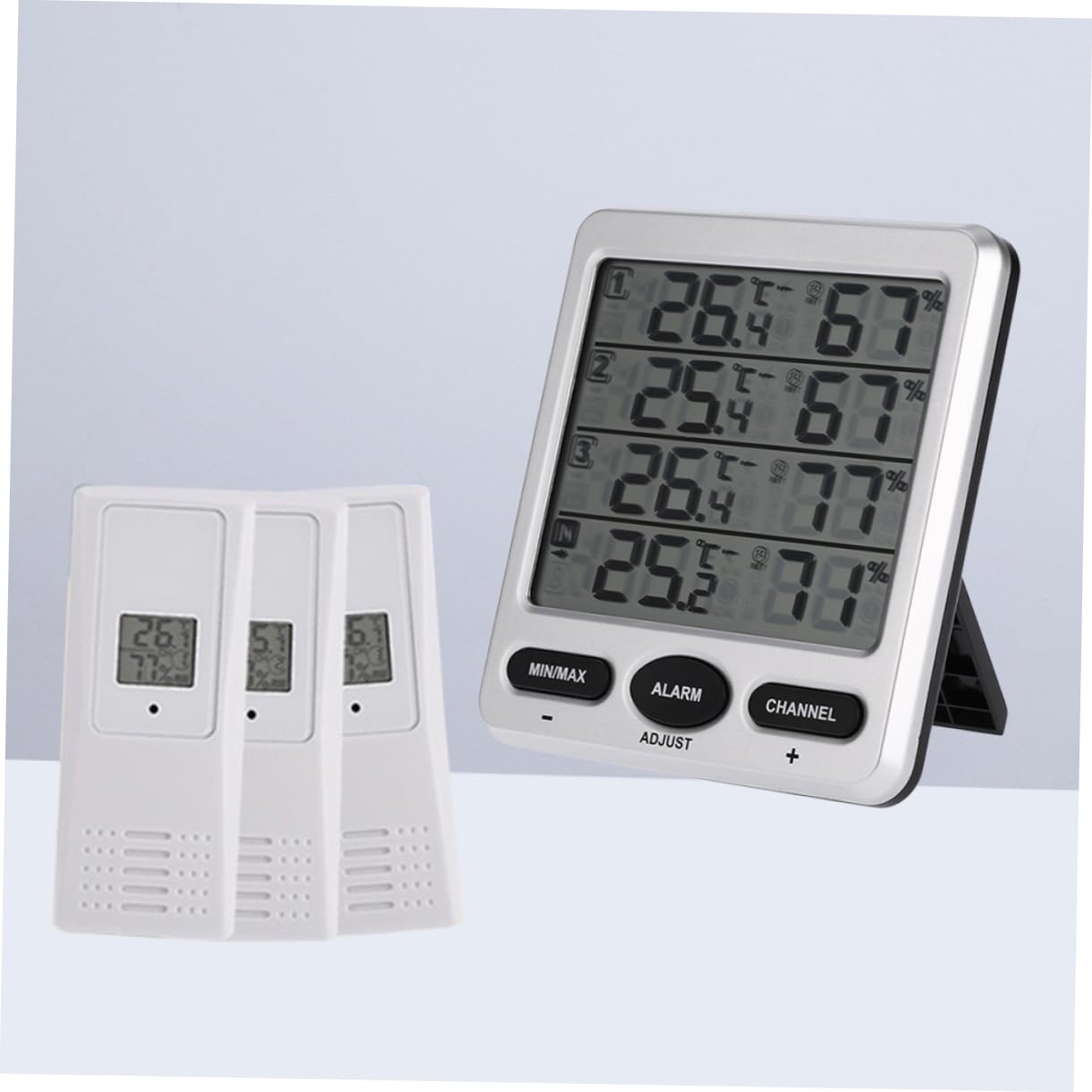 Termoigrometro Wireless Bianco Modello Ws-10 con Ricevitore e 3 Sensori | Plastica, Trasmissione senza Fili, Misurazione Accurata, per Allevamento e Cantina del Vino