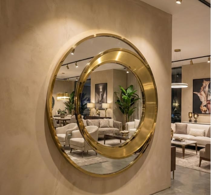 Round Layer Wall Mirror 30 x 30 Inch | Asymmetrical SS Metal Frame Gold Wall Mounted Decorative Mirror for Entryway Bedroom Living Room Home Decor-image-16