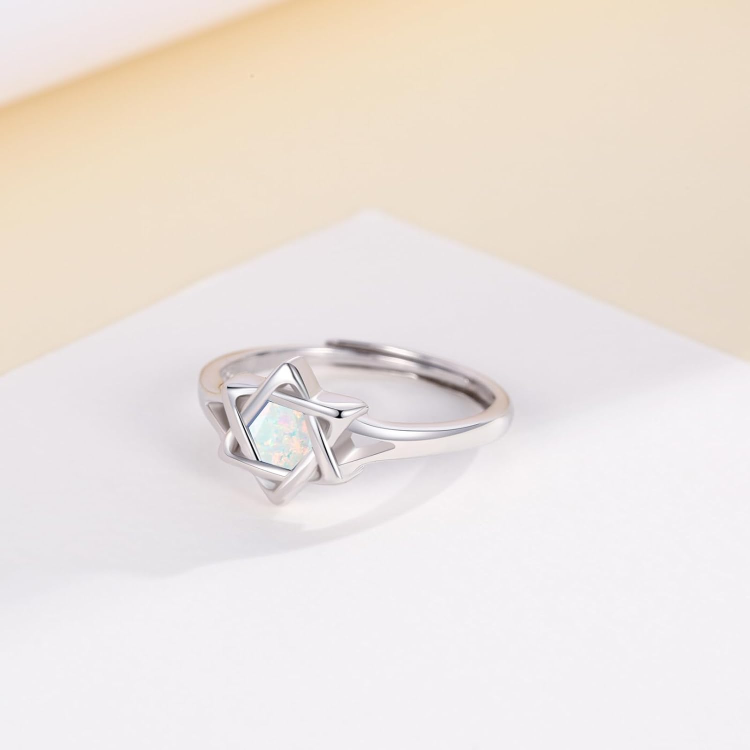 Star of David Opal Ring 925 Sterling Silver Adjustable Jewish Religious Jewelry Gifts for Women Men Hanukkah Anniversary Birthday