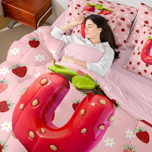 Image of Feelyou Girls Pink Red Strawberry Comforter Set with Sheets 7 Piece Twin Size Initial Letter U Bedding Set for Kids Boys Girls Princess Strawberry Bed in a Bag Room Decor Soft Lightweight Microfiber