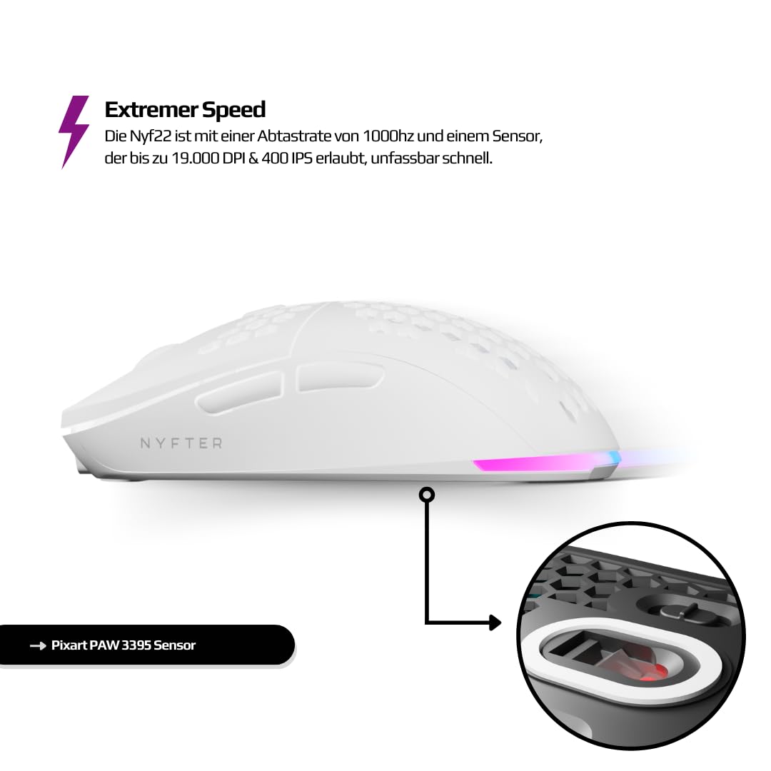 Nyfter - NYF22 Turquesa Blanco Wireless Gaming Gen2 Mouse Ultraligero 75 g Potente con 400 mA 19K DPI, 400 IPS 1000 Hz 50 h Duración de la batería Duradera Dos Cases intercambiables Incluye