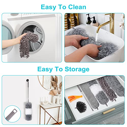 12Pcs Microfiber Dusters, Duster With Extension Pole(Stainless Steel) 30 To 100'', Washable Dusters, Bendable Extendable Long Feather Duster For Cleaning Fan, High Ceiling, Blinds, Furniture, Cars #TOP4