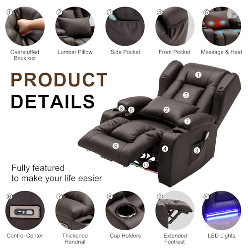 Image of DRMBOOK Power Recliner Chair, Electric Wall Hugger Reclining Sofa with Massage & Heat, Overstuffed Theater Seating with LED /USB /Cup Holders for Living Room (Leather Brown, 1 Chair with Console)