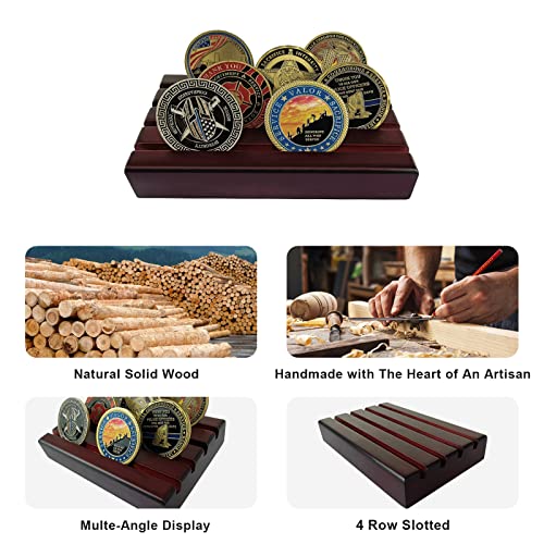 Asmileindeep Small Military Challenge Coins Display Holder Solid Wood,Challenge Coin Stand Holds Stand 10-12 Coins,4 Row Military Coin Holder Rack For Desk,Army Coin Holder For Collectors,Red Finish #TOP1