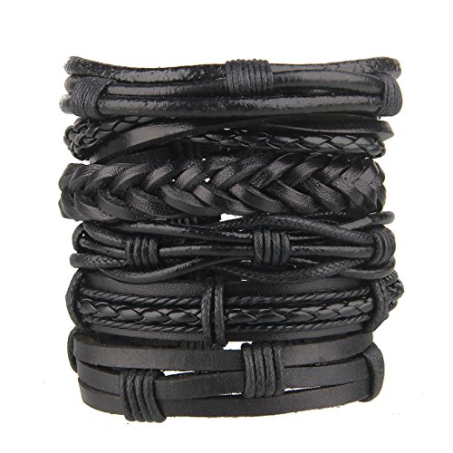 Beauty7 6PCS Black Mixed Genuine Cowhide Leather Bracelet Men Women Braided Adjustable Multi-Layer
