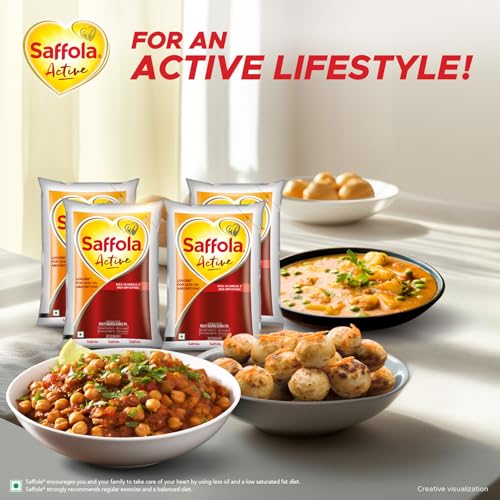 Image of Saffola Active Refined Cooking oil | Rich in Omega 3 & Oryzanol | Multi-Source Edible Rice Bran & Soyabean oil| 4 x 850g pouch