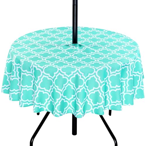 Image of Poise3EHome 60 inches Outdoor /Indoor Waterproof Spillproof Round Tablecloth with Umbrella Hole for Camping, Picnic, Christmas Tree Skirt, BBQ, Aqua Blue
