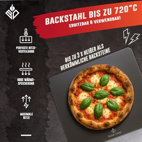 Becker Design® Backstahl 8mm für Backofen, Pizza, Brot & Grill (38 x 33cm) - Pizza-Stahl & Backplatte rechteckig (MADE IN EUROPE) - Stahlplatte für Ofen & Kochfeld (Baking Steel) groß