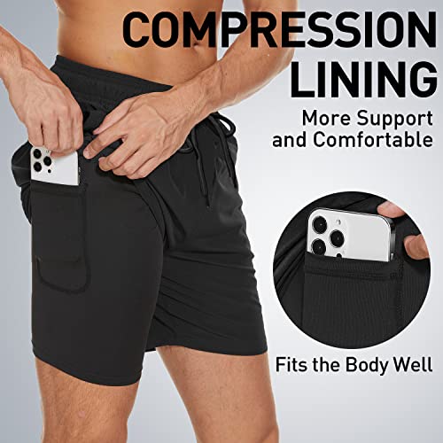 Arcweg Men's Swim Trunks With Boxer Brief Lined Swim Shorts Compression Liner 2 In 1 Beach Short With Zipper Pocket Surfing Black #TOP1