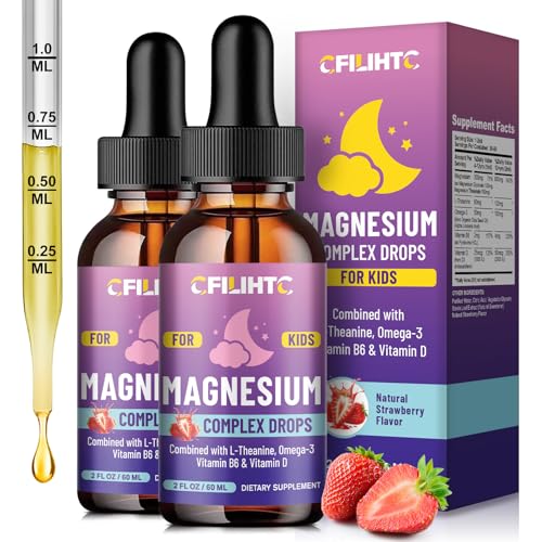 Kids Magnesium Liquid Drops-Magnesium Glycinate Liquid for Kids Supplement-w/L-theanine Omega-3 Vitamin B6 D3 - for Sleep Relaxation Brain Bones - 4 Fl Oz Childrens Calm