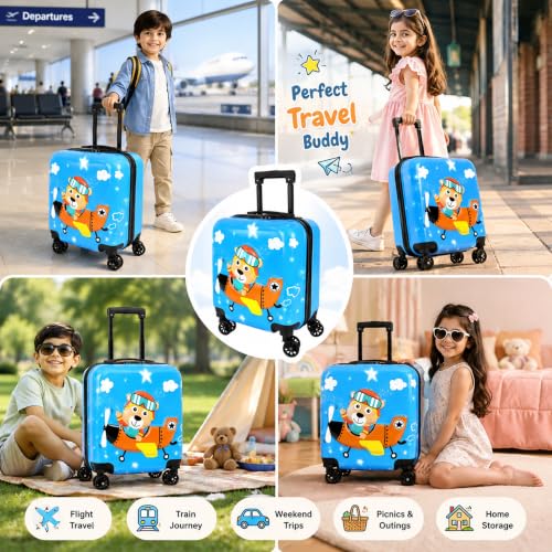 Image of Storite 18In Kids Luggage Trolley Hard Shell Cabin Suitcase | Cute Cartoon Bear Pilot Design Suitcase Ideal For School Trips Vacations Holidays And Weekend Travel (Blue - 35 x 23 x 38 Cm)