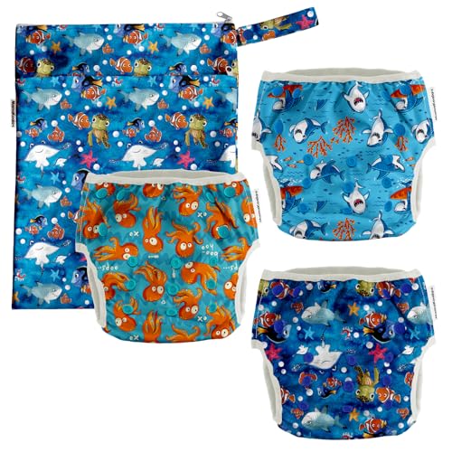 Image of Mama Koala Reusable Swim Diapers with Wet Bag,Baby Boys Adjustable Washable Swim Diapers, Size M (19-40 lbs), 3 Pack-Ocean Story (M)