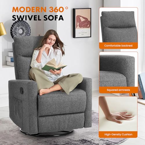 Sweetcrispy Swivel Recliner Chair, Rocking Chair Nursery, Glider Rocker Recliner for Nursery, Glider Nursery Chair for Living Room with Extra Large Footrest, High Back, Upholstered Deep Seat (Grey)