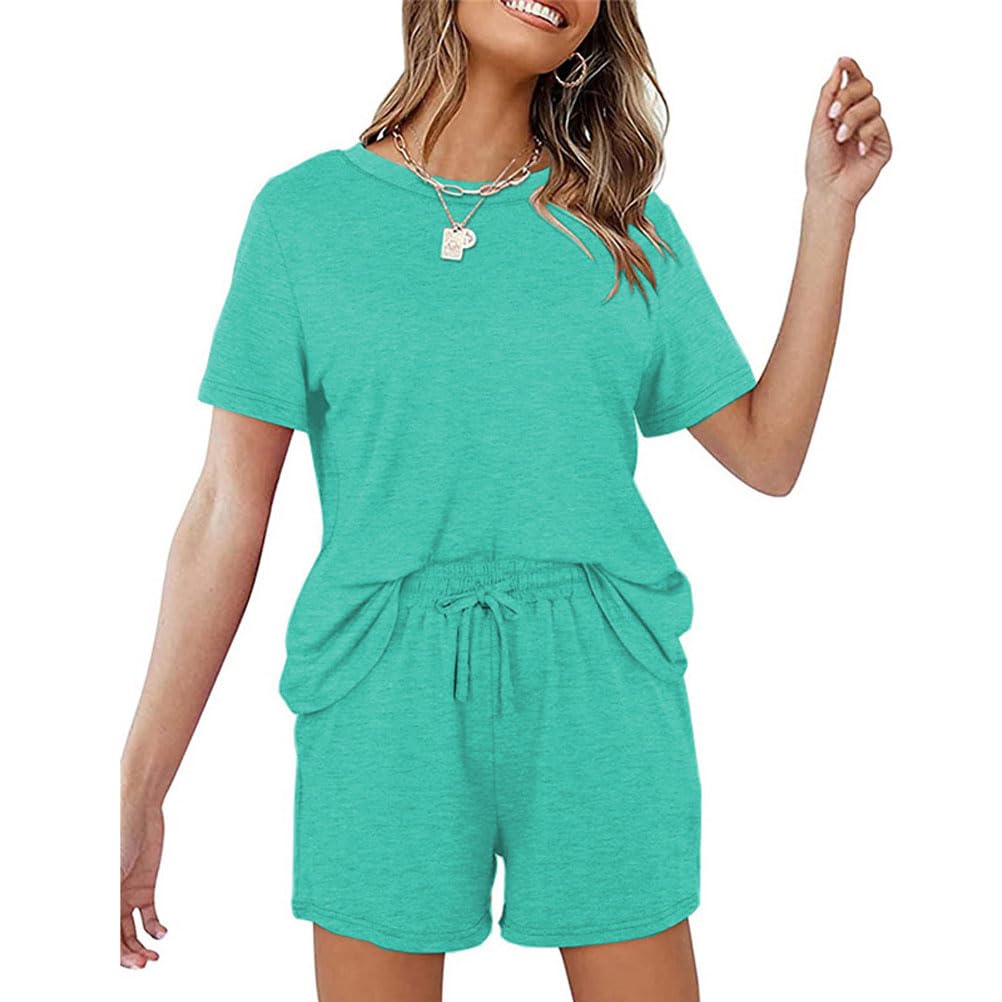 Trainingsanzug für Damen Sommer Sportanzug 2 Teiliges Outfit Einfarbig Kurzarm T-Shirts + Kurze Hose Set Leichtes Freizeitanzug Mädchen Oberteil und Sporthose