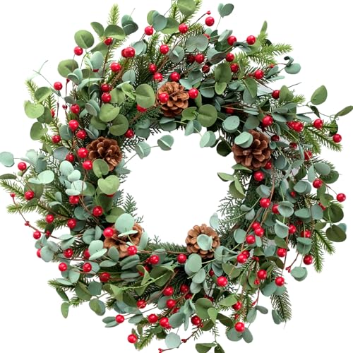 Idyllic Christmas Wreath for Front Door,20' Winter Wreath with Pine Cones Red Berries and Eucalyptus, Winter Decorations for Everyday Farmhouse Window Outdoor/Indoor