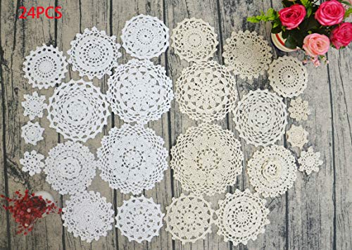 TOSEEY 24 Vintage Hand Made Crochet Doilies Crochet Motifs 2-7 inches Round White Beige (12pcs Beige & 12pcs White)